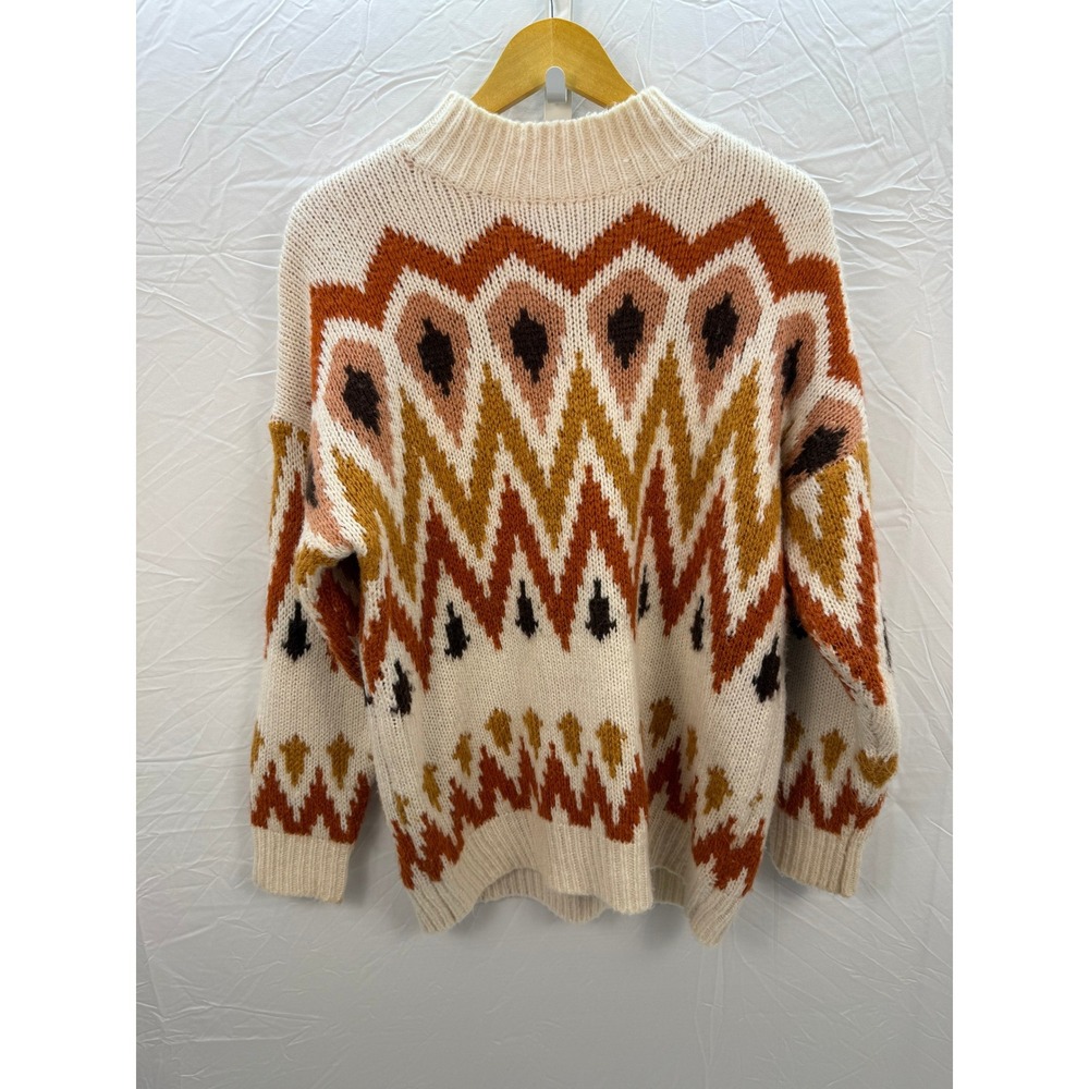 Nordic Fair Isle Boho‎ Sweater Cream Knit Oversized Cozy Winter Vibes Womens L